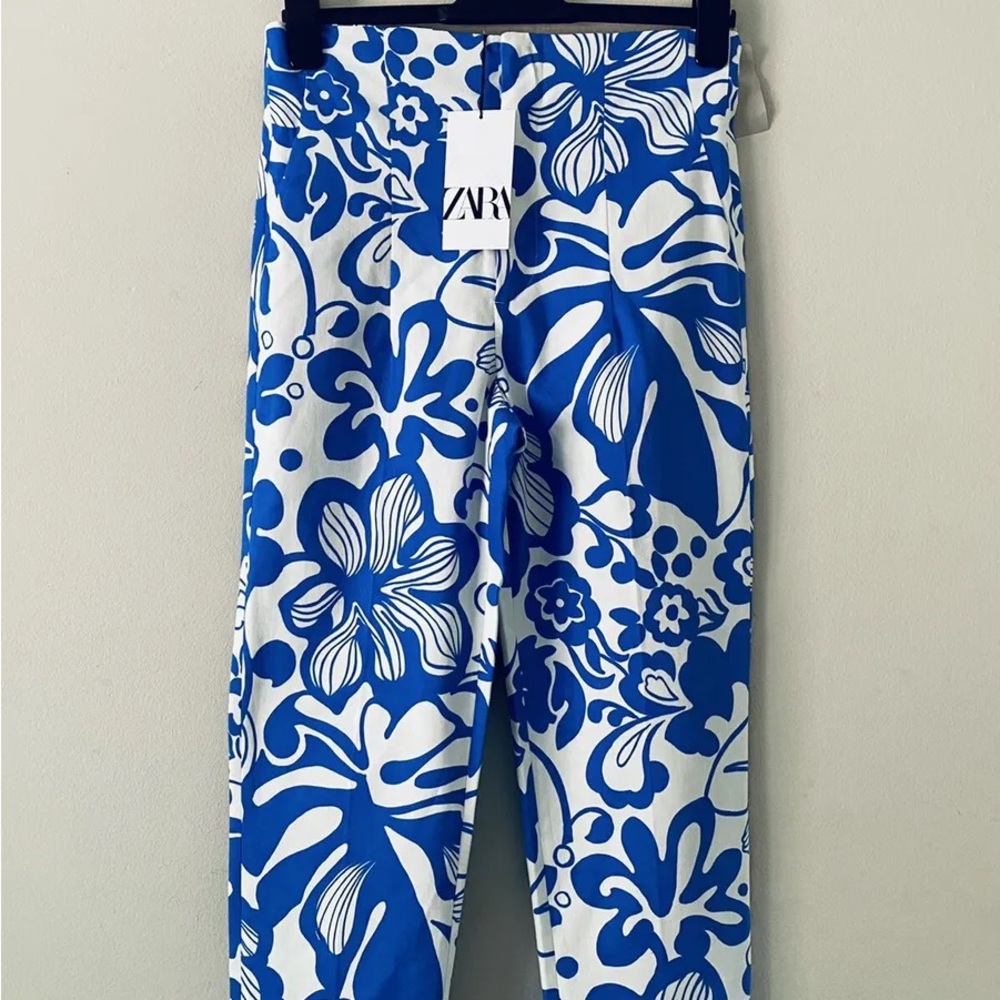 Zara White & Blue High Waisted Slim Fit Pants